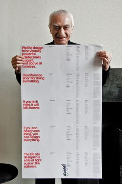 Massimo Vignelli with the programme, designed by Michael Bierut of Pentagram