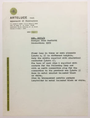 Letter sent by Arteluce accompanying the original publicity pictures of model 1073
