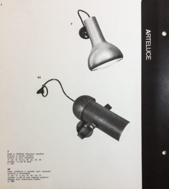 Page from a Arteluce catalogue, presenting model 7 by Gino Sarfatti