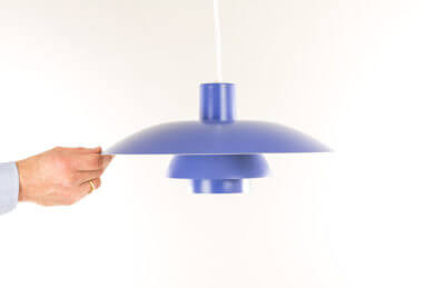 Blue PH4 pendant by Poul Henningsen for Louis Poulsen with an indication of the size