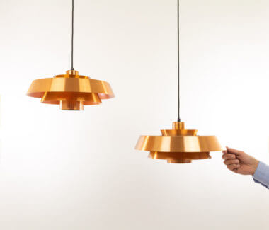 Pair of copper Nova pendants by Jo Hammerborg for Fog & Mørup, with an indication of the size