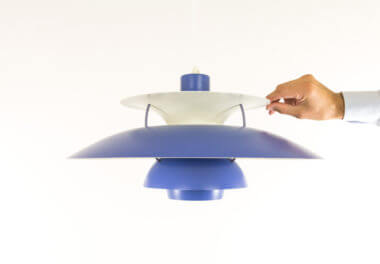 A blue PH5 pendant by Poul Henningsen for Louis Poulsen with an indication of the size