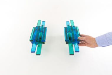 Pair of blue wall lamps designed by Svend Aage Holm Sørensen with an indication of the size