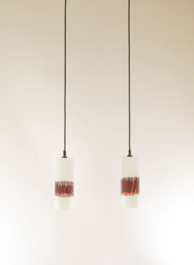 Pair of White and Red glass pendants by Massimo Vignelli for Venini in their full glory