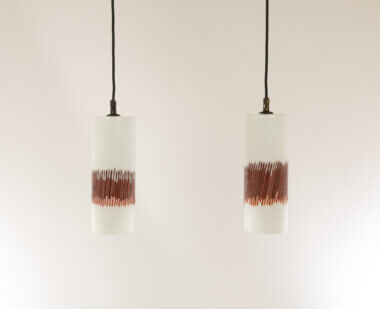 Pair of White and Red glass Murano pendants by Massimo Vignelli for Venini