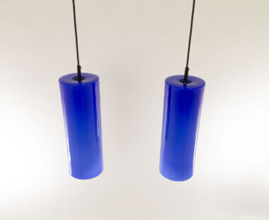 Pair of Cobalt Blue cylinder shaped pendant by Venini as seen from above