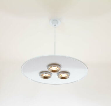 White Lampros Pendant by Ettore Sottsass for Stilnovo, switched on