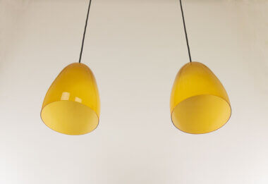 Pair of amber Murano pendants by Massimo Vignelli for Venini as seen from below