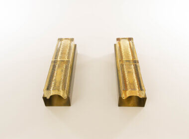 Pair of Glass and Brass Double Atlantic Wall lamps by Vitrika, in Gold as seen from below