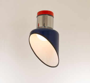 Red and Blue ceiling lamp Sisten by Gianni Celada for Fontana Arte, switched on