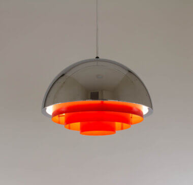Chrome and red Milieu pendant by Jo Hammerborg for Fog & Mørup, switched on