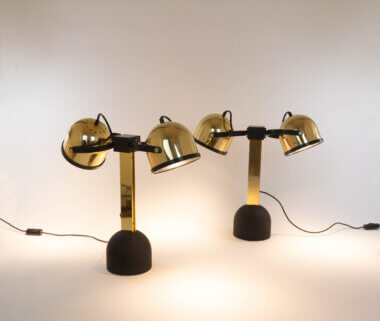 Pair of brass Trepiù table lamps by Gae Aulenti and Livio Castiglioni for Stilnovo, both switched on
