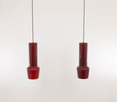 Pair of red glass pendants by Massimo Vignelli for Venini