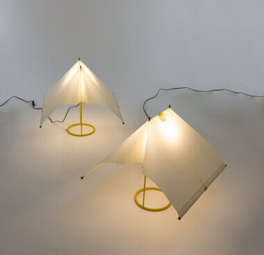 A pair of Le Falene table lamps by Piero De Martini for Arteluce, switched on