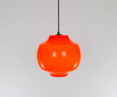 Red glass pendant by Alessandro Pianon for Vistosi, switched on