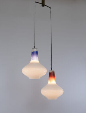 Beautiful Murano glass pendants with red and blue cannette by Massimo Vignelli for Venini