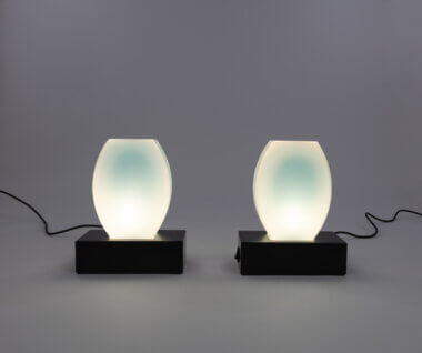 Pair of blue Dorane table lamps by Ettore Sottsass for Stilnovo, switched on
